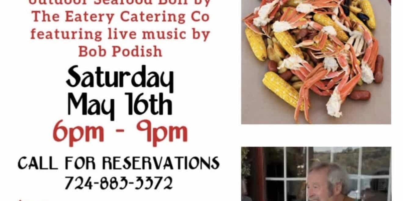 Thistlethwaite Vineyards Seafood Boil Poster for a “Seafood Boil” at Thistlethwaite Vineyards. Outdoor event with catering by The Eatery Catering Co and live music by Bob Podish. Saturday, May 16th, 6–9 PM. Reservations required at 724-883-3372. Cost is $75 per person. Dinner includes a bottle of wine, crab cluster, jumbo spiced shrimp, mussels, corn on the cob, andouille sausage, and Yukon gold potatoes. Images show a seafood boil spread and a musician playing guitar.