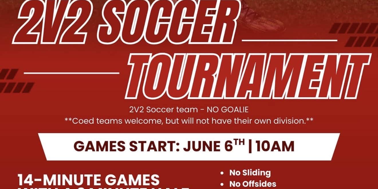 Promotional flyer for a 2v2 Soccer Tournament featuring a soccer player kicking a ball in a stadium. Games start June 6 at 10 a.m. The tournament includes 14-minute games with a 2-minute halftime and rules including no sliding, no offsides, and no cherry picking. Age divisions are 10–12 and 12–14, with a $30 team entry fee and a two-game guarantee followed by single-elimination playoffs. Registration is available at teamsideline.com/eqtreccenter, with contact information for Meghan Ricciuti and the EQT Rec Center in Waynesburg, Pennsylvania.